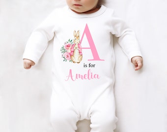 Personalised Sleepsuit Baby Girl Pink Letter Bunny Rabbit Rompersuit Printed Name Gift Present for Newborn New Baby Outfit Clothing