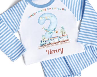 When I wake Up I Will Be 1 2 3 4 5 Personalised Birthday Pyjamas for Boy Blue Stripe Train Plane Design PJs