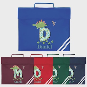 Personalised School Book Bag for Children Music Homework Bags for Kids for School Navy Blue Dinosaur Boy with Name BookBag image 1