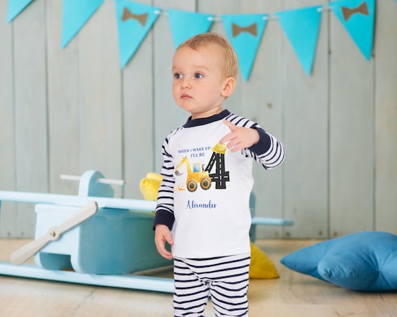 Boys Personalised Birthday Pyjamas When I Wake Up I Will Be One Two Three Four Pjs in Blue Tractor Digger Design Etsy UK