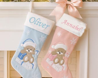 Personalised Embroidered Baby Christmas Stocking Stocking For Babies 1st Christmas Teddy Blue Pink or First Xmas  Newborn Boy Girl
