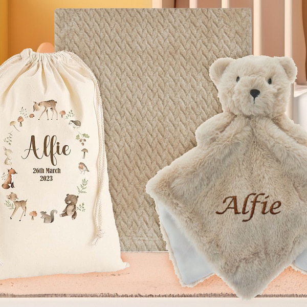 Personalised Teddy Bear Comforter Toy +  Baby Blanket Gift Set for Newborns, Boys and Girls Shower Christening Includes Customised Gift Bag