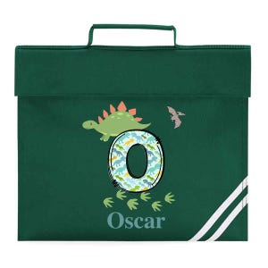 Personalised School Book Bag for Children Music Homework Bags for Kids for School Navy Blue Dinosaur Boy with Name BookBag Green