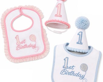 1st Birthday Party Hat and Bib Set – Blue/Pink