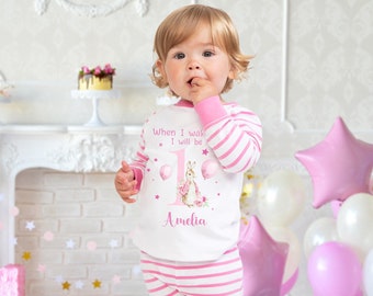 Personalised Baby Toddler Pyjamas - When I Wake Up I'll Be 1 2 3 4 Birthday PJs - Pink Bunny For Girls, 6 Months - 4 Years