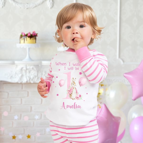 Personalised Baby Toddler Pyjamas - When I Wake Up I'll Be 1 2 3 4 Birthday PJs - Pink Bunny For Girls, 6 Months - 4 Years