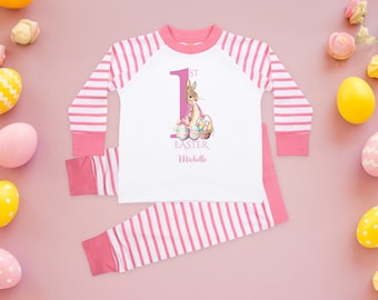 Personalised Baby Girl Pyjamas - My 1st Easter, 6-12 Months, Rabbit Pink Outfit Clothing Stripe PJs