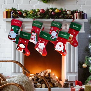 Personalised Embroidered Christmas Stocking Red Green Santa Snowman Reindeer Custom Eve Traditional Kids Xmas Family Fireplace Penguin