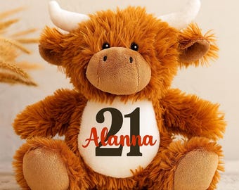 Personalised Birthday Highland Cow Soft Toy,  Soft Plush Personalised gift, Customisable Teddy With Name Age