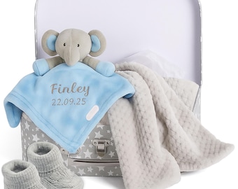 Personalised Embroidered Baby Blue Elephant with Silver Blanket Gift Set  Newborn Gifts Keepsake Baby Special Present New Newborn Boy 1st Toy