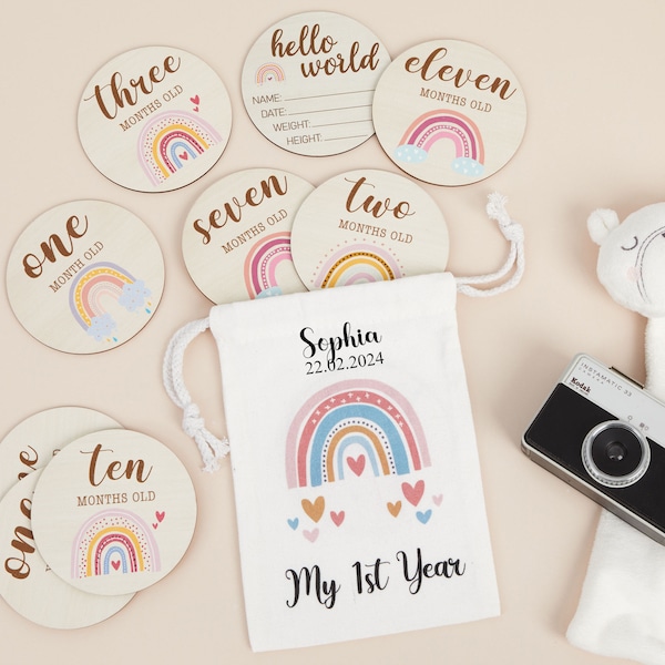 Personalised Wooden Baby Milestone Cards Gift Set Of 13 Monthly Discs Hearts In Bag Rainbow