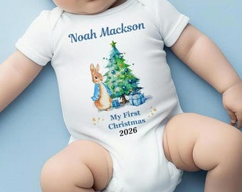 Personalised My First Christmas Bodysuit Vest 1st Babygrow Boy Blue Xmas Bunny Newborn to 12 Months
