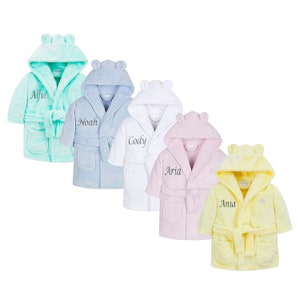 Personalised Baby Dressing Gown Newborn Gift Bath Robe Embroidered Soft Teddy Ears Hooded Housecoat Gift for Babies Boy Girl Present New White