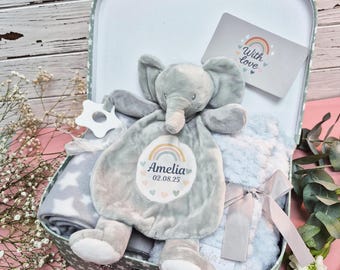 Personalised Baby Blanket Comforter Gift Set Grey Elephant 2x Silver Fleece Blanket New Baby Gift for Babies Newborn Unisex