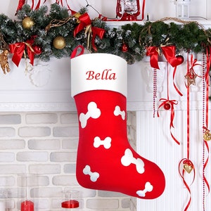 Hoolaroo Personalised Dog Christmas Stocking Embroidered With Name Xmas Santa Pet Stocking Red White Bone