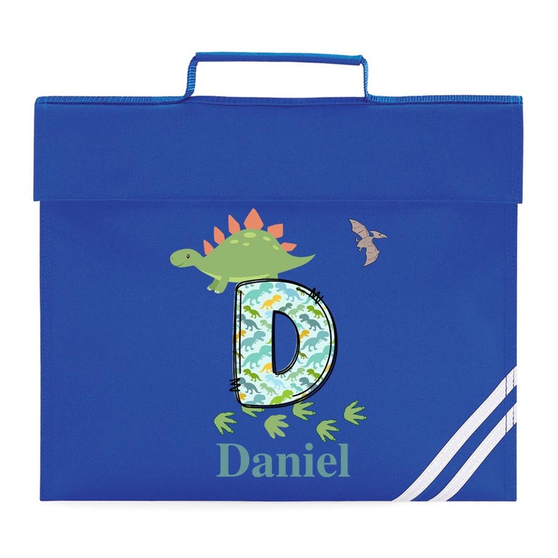 Personalised School Book Bag for Children Music Homework Bags for Kids for School Navy Blue Dinosaur Boy with Name BookBag Royal Blue