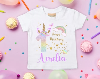 Personalised Birthday T-shirt for Girls Rainbow Unicorn Top 1st birthday outfit girl Tshirt Age 1 2 3 4 5 I am 2nd 3rd 4th 5th Party First
