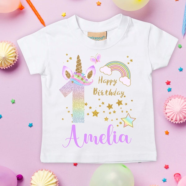 Personalised Birthday T-shirt for Girls Rainbow Unicorn Top 1st birthday outfit girl Tshirt Age 1 2 3 4 5 I am 2nd 3rd 4th 5th Party First