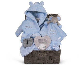 Personalised Baby Gift Basket for Boy Blue Large Hamper Newborn Embroidered Elephant Comforter Blanket Shower Special Unique New Present