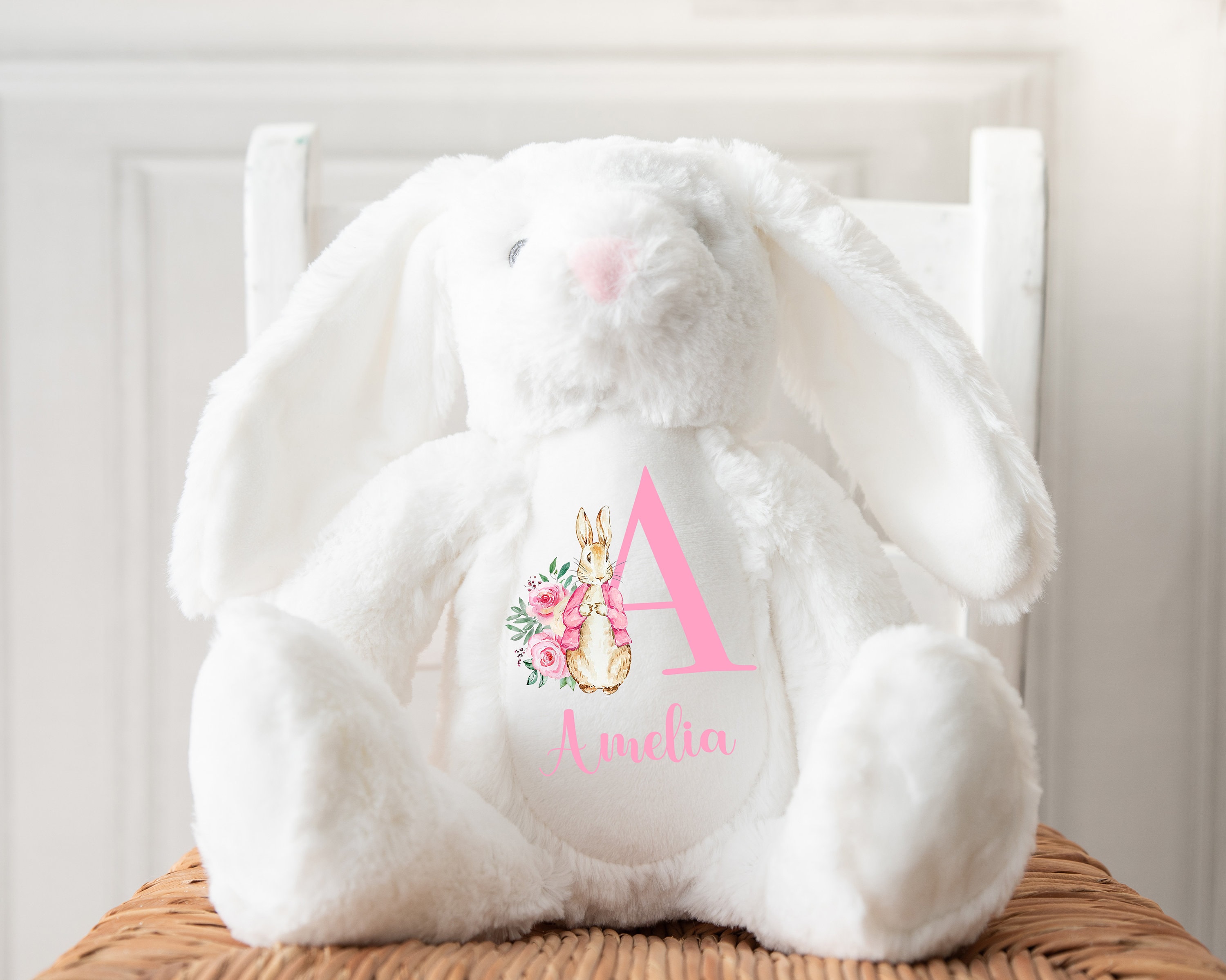 Personalised Bunny Rabbit Cream Baby Pink Gift For Newborn Girl Teddy Bear 23cm - Picture 8 of 9