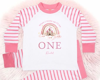 Girls Personalised Birthday Pyjamas - When I Wake Up, I Will Be One Two Three Four! PJs in Pink Rainbow Princess Castle Design