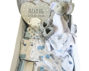 Hoolaroo 8 Piece New Baby Gift Set 0-3 3-6 Months Newborn Elephant Boy Present Hamper Box Shower Blue Sleepsuit Clothing Essentials