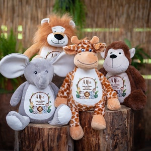 Personalised Teddy Bear Jungle Design Baby Gift for Boy or Girl Newborn 1st Birthday Present 2nd 3rd 1 year old Lion Giraffe Elephant