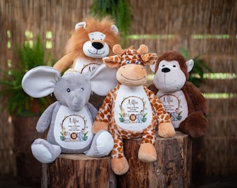 Personalised Teddy Bear Jungle Design Baby Gift for Boy or Girl Newborn 1st Birthday Present 2nd 3rd 1 year old Lion Giraffe Elephant