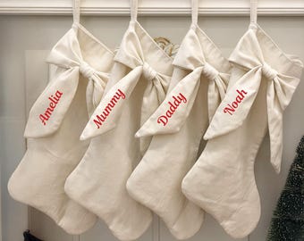 Personalised Bow Christmas Stocking Xmas Deluxe Christmas 45cm Hanging Red Cream