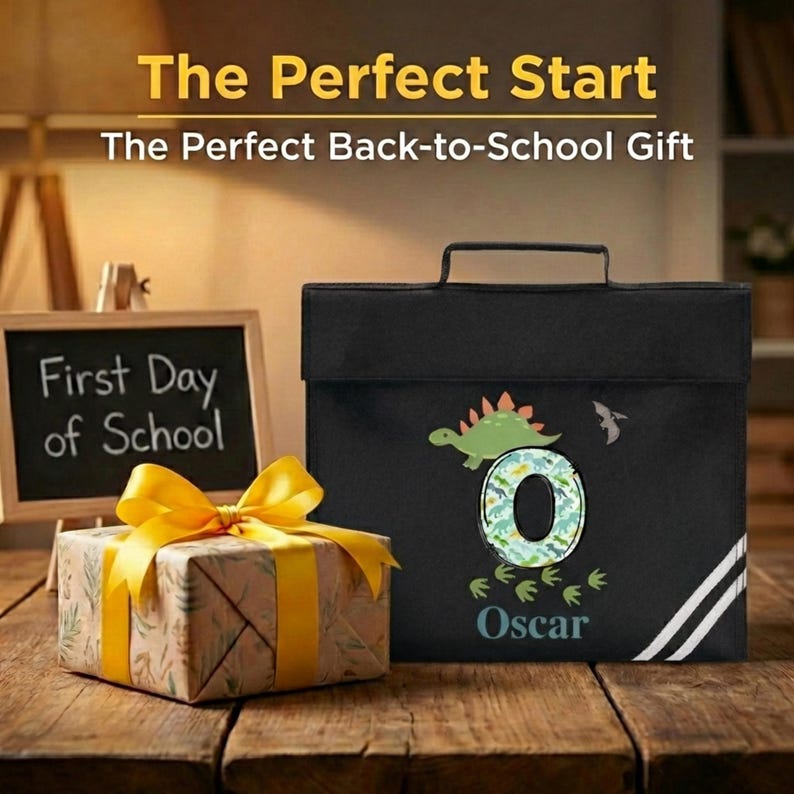 Personalised School Book Bag for Children Music Homework Bags for Kids for School Navy Blue Dinosaur Boy with Name BookBag image 13
