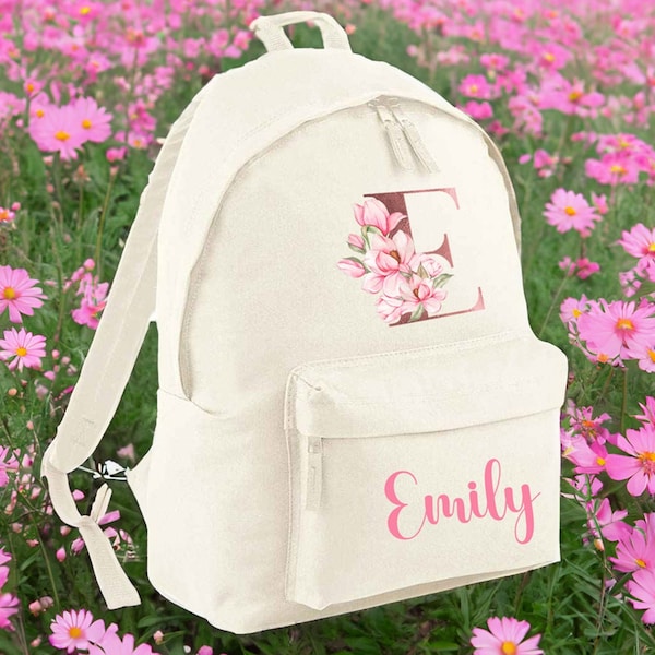 Personalised Cream Flower Letter Backpack for Girls  Large Kids Rucksack School Bag Age 3 4 5 6 Nursery Customisable Children's Pack Name