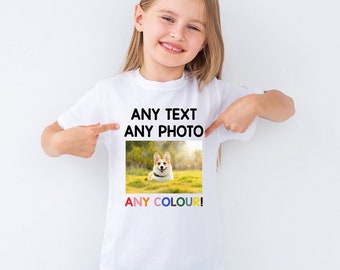 Personalised Kids T Shirt Photo Any Text Create Your Own Custom Design Top Tee Girl Boys