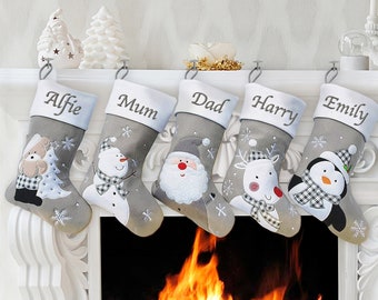 Personalised Christmas Stocking Embroidered Family Set Santa Reindeer Snowman Silver Grey Stockings Hang Fireplace Xmas Decorations Kids 4 5