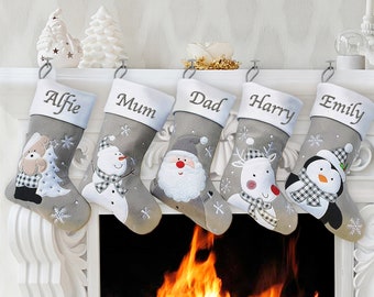 Personalised Christmas Stocking Embroidered |  Santa Reindeer  Snowman Silver Grey Stockings Hang Fireplace Xmas Decorations Family Kids Set