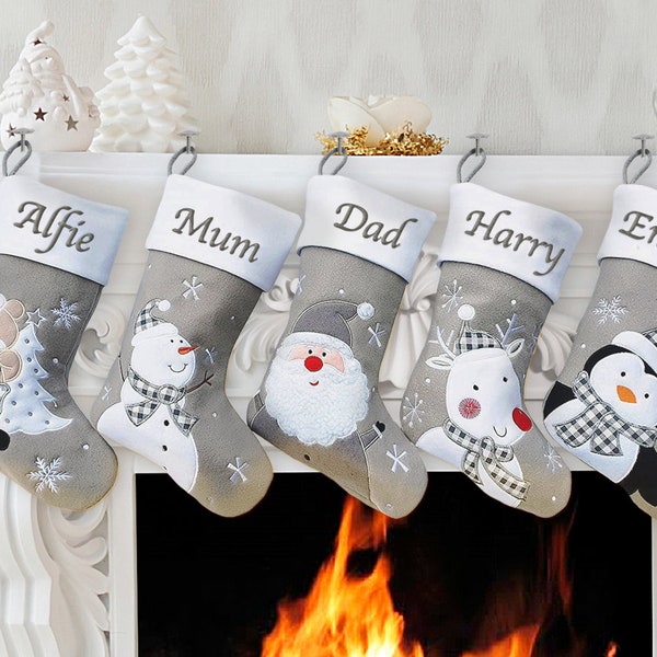 Personalised Christmas Stocking Embroidered Family Set Santa Reindeer Snowman Silver Grey Stockings Hang Fireplace Xmas Decorations Kids 4 5