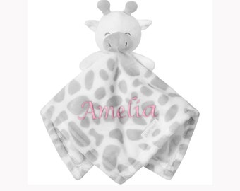 Personalised Embroidered Giraffe Baby Comforter,Soft White Grey Blankie Pink Baby Gift Girl for Babies Newborn Keepsake Security Blanket