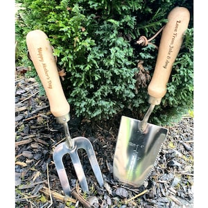 Personalised Garden Tools Engraved Gardening Fathers Day Gift Set Hand Trowel and Fork Dad Retirement Present Allotment Nana Retirement image 1