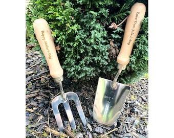 Personalised Garden Tools  Engraved Gardening Fathers Day Gift Set Hand Trowel and Fork Dad Retirement Present Allotment Nana Retirement