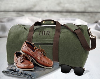 Personalised Embroidered Vintage Canvas Holdall For Men - Army Green Bag up to 4 Initials - Brown Weekend Fathers Day Gift Dad - 30x58x30 cm