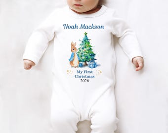 Personalised My First Christmas 2026 Sleepsuit 1st Xmas Rompersuit Babygrow Blue Bunny