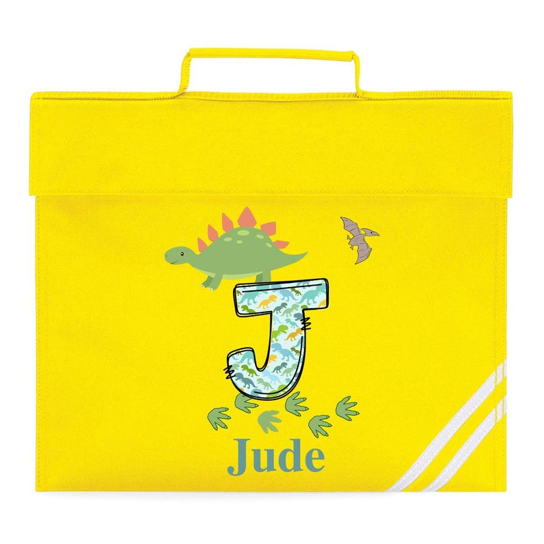 Personalised School Book Bag for Children Music Homework Bags for Kids for School Navy Blue Dinosaur Boy with Name BookBag Yellow