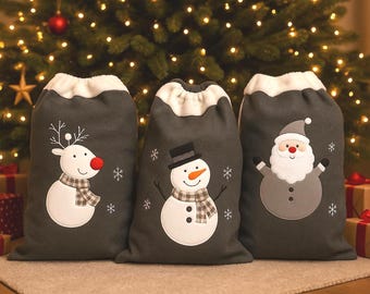 3 Pack Christmas Sacks Reusable Fabric Santa Snowman and Reindeer 70cm large Xmas Gift