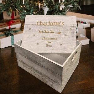 Personalised Wooden Christmas Eve Box  Engraved Large Santa Sleigh Crate 30cm Family Xmas Eve  Reusable Christmas Box Reindeer Design Grey