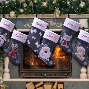 Personalised Christmas Stockings Luxury Dark Silver Embroidered Kids & Family