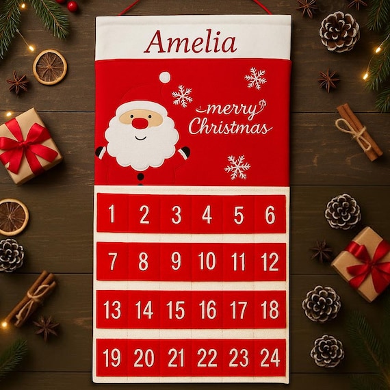 Personalised Advent Calendar Fill Your Own Advent Calender 2026 Fabric Hanging Santa Countdown Red