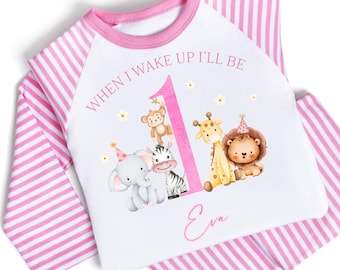 Personalised Baby Toddler Pyjamas - When I Wake Up I'll Be 1 2 3 4 Birthday PJs - Pink Jungle Animal Party For Girls, 6 Months - 4 Years