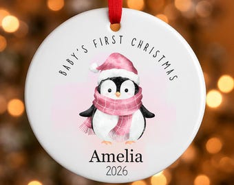 Personalised My 1st Christmas Bauble 2026 Pink Penguin Baby Girl Xmas Decoration Tree Hanging Ornament