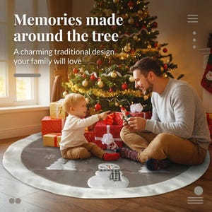 May include: A round grey Christmas tree skirt featuring a white snowman graphic with a black and white chequered scarf, surrounded by white pine tree silhouettes and snowflakes, placed on a wooden floor beneath a decorated holiday tree.