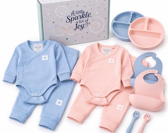 Dusky Blue & Pink Baby Gift Set 5 Piece – Ribbed Bodysuit, Silicone Feeding Set Baby Gift Box for 9 Months 2 Years