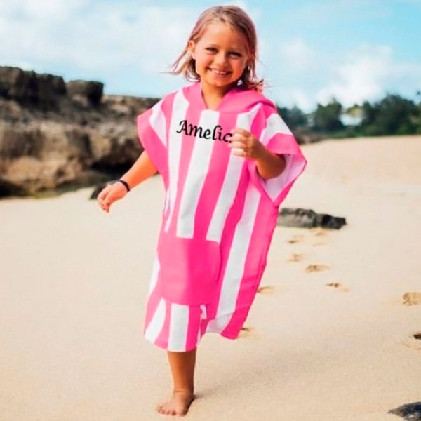 Personalised Poncho Towel Hooded Towels For Kids Swimming For Kids Age 3-7  Stripe Embroidered With Name Beach Swim Changing Robe Boy Girl